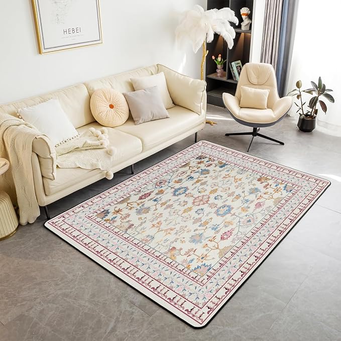 Boho 3x5 Area Rug Vintage Floral Rugs for Living Room | Art Deco Abstract Washable Rug, Retro Tribal Aesthetic Oriental Carpet Indoor Floor Mat