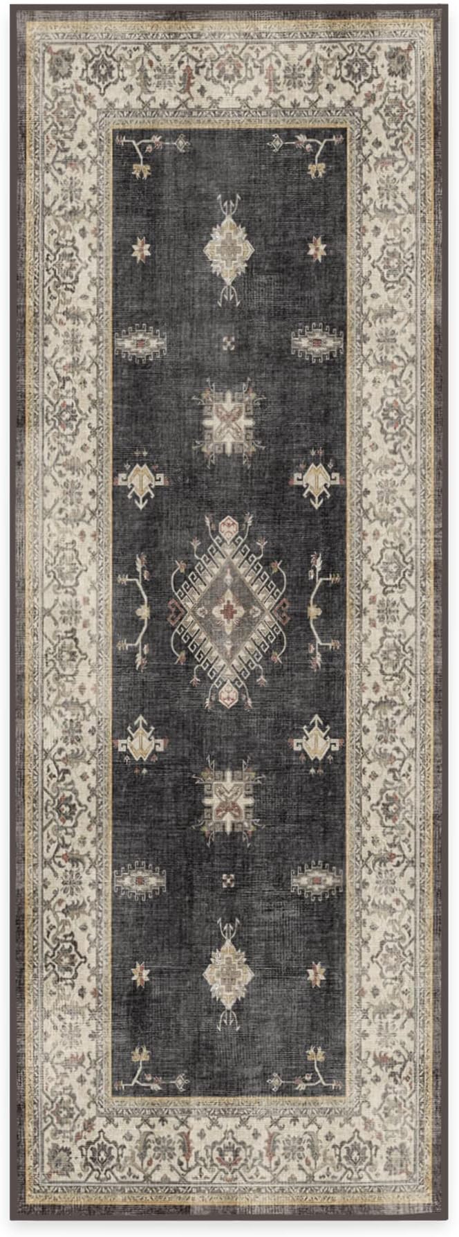 RUGGABLE Washable Vintage Runner Rug – Verena Dark Wood 2.5x7, Stain-Resistant, Non-Slip Hallway Runner – Machine Washable Rug for Hallway, Entryway, Living Room & Kitchen–with Cushioned Pad