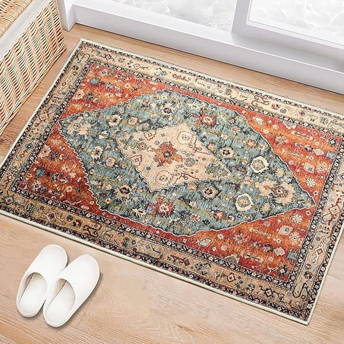 Boho Vintage Oriental Entry Rugs for Entrance Non-Slip Washable Tribal Small Area Rug,Ultra Soft Bohemian Floral Medallion Low-Pile Indoor Front Door Mat for Bedroom Kitchen Bathroom 24" x 36"