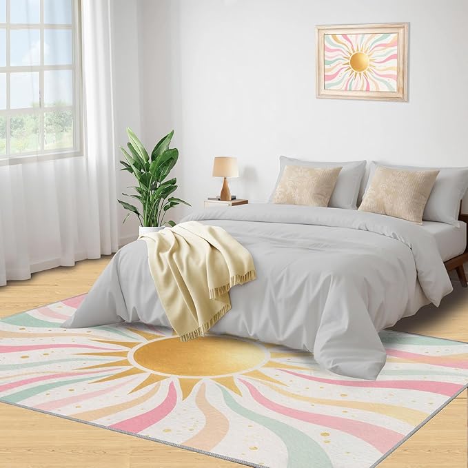 Boho Sun Area Rugs 8x10ft, Minimalist Sunburst Area Rug for Living Room, Abstraction Deco Modern Rug with Double Sided Carpet Tape for Bedroom Men Room Decor