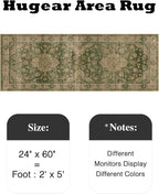 HUGEAR 2x5 Runner Rug Hallway Machine Washable Retro Green Vintage Floral Low Pile Carpet Distressed Long Throw Rug Bedroom Office Bathroom Kitchen Laundry Non Slip Soft Lightweight