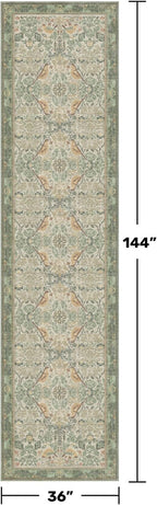 12ft Extra Long Vintage Runner Rugs for Hallways - 3x12 Wide Kitchen Runners, Entryway Rug, Sage Boho Design with Flowers and Leaves, Washable Non Slip Low Pile