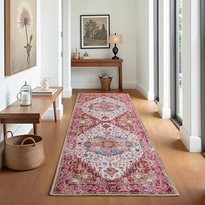 Runner Rug 2×6, Machine Washable Vintage Non-Slip Area Rug, Low Pile, Decorative Carpet Printed Floral Rugs for Living Room, Entryway, Kitchen, Bedroom, Plum