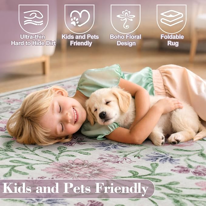 Wonnitar Floral Purple Rug for Bedroom, Washable 5x7 Area Rugs for Dorm, Boho Soft Non Slip Ultra-Thin Indoor Floor Carpet for Kids Room Nursery Living Room Classroom, Light Purple/Pink