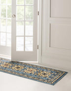 Unique Loom Taftan Collection Border Geometric Tribal Inspired Design Area Rug (3' 0 x 16' 5 Runner, Light Blue/ Gold)