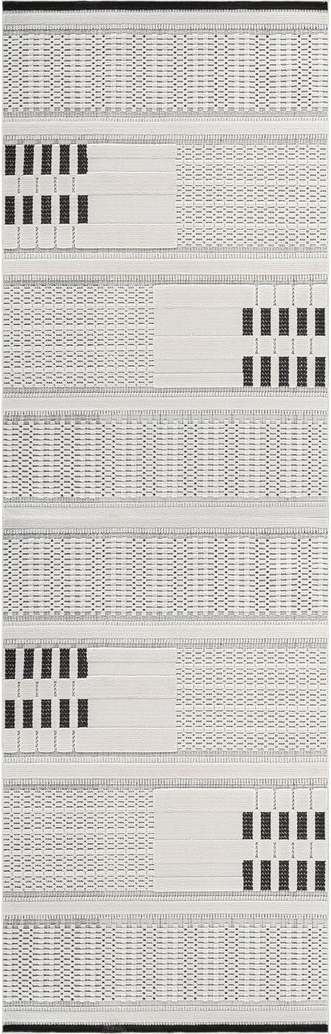CAMILSON Modern Runner Rug 2x7 Luxury Geometric Pattern Micro Loop Hallway Rugs Soft High and Low Pile Stain Resistant Easy to Clean Non-Shedding Entryway Kitchen Indoor Area Carpet (White/Black)