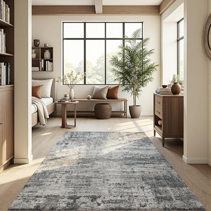 Area Rug 8x10 Washable Rug Black for Living Room, Dining Room, Bedroom, Large Carpets, Non Slip & Non-Shedding Low Pile Vintage Print Rug for Home Office Decor