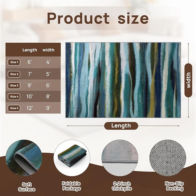 Abstract 5x7 Area Rug, Modern Stripe Pattern Teal Rugs for Living Room, Washable Soft Large Non-Slip Floor Carpet for Dining Room Office Bedroom - Teal/Multi