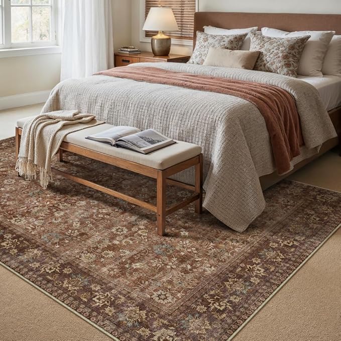 HUGEAR 9x12 Machine Washable Rugs Brick Red Hallway Large Area Rug Indoor Accent Rug Floral Low Pile Carpet Soft Throw Aesthetic Rug Bedroom Living Room Office Dining Room Kitchen Laundry Room