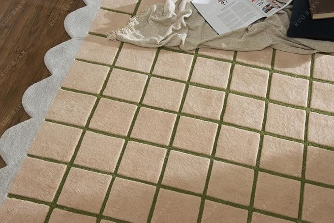 Scalloped Border Wool Area Rug with Windowpane Grid, Hand-Tufted, Beige-Blush with Sage Lines & Light Purple Edge - Soft High-Low Pile for Living Room, Bedroom, Nursery - 3x5 Ft