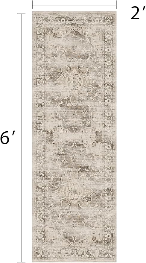 Washable Runner Rugs for Entryway 2x6 Non-Slip Low Pile Vintage Runners for Bedside Hallways Beige