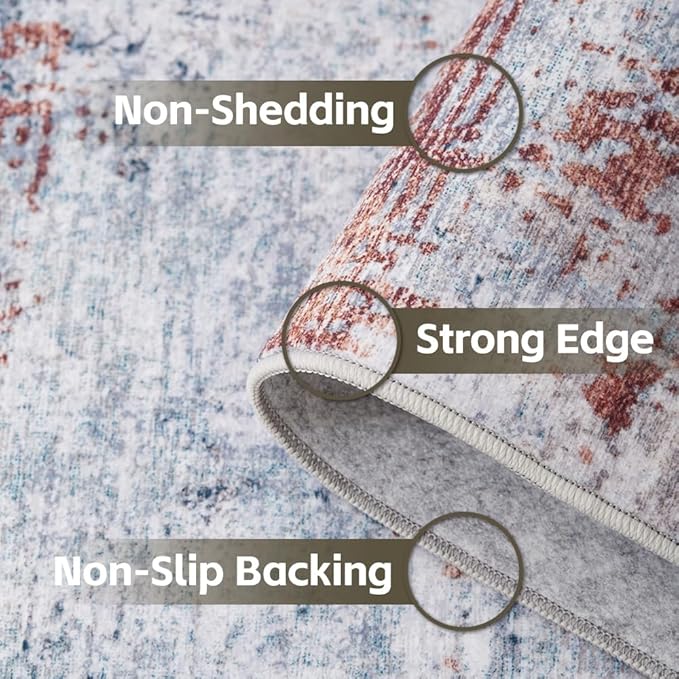 Area Rug 5x7 Washable Rug Grey and Brown for Living Room, Dining Room, Bedroom, Large Carpets, Non Slip & Non-Shedding Low Pile Vintage Print Rug for Home Office Decor
