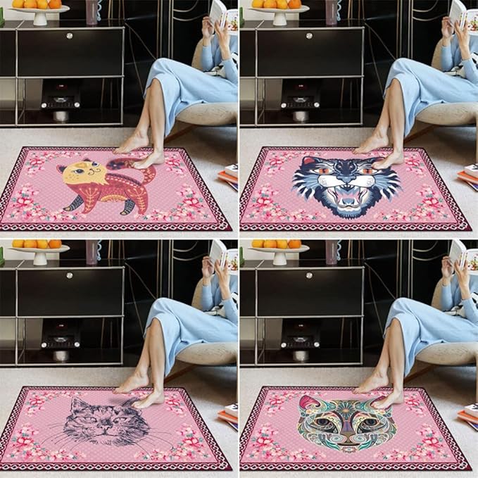 Cartoon Animal Pattern Area Rug Cute Cat Luxury Floral Decor for Carpet Farmhouse Bedroom Living Room Rugs Bathroom Kitchen Runner Mat Indoor Outdoor Non Slip Doormat 4' X 5.2'