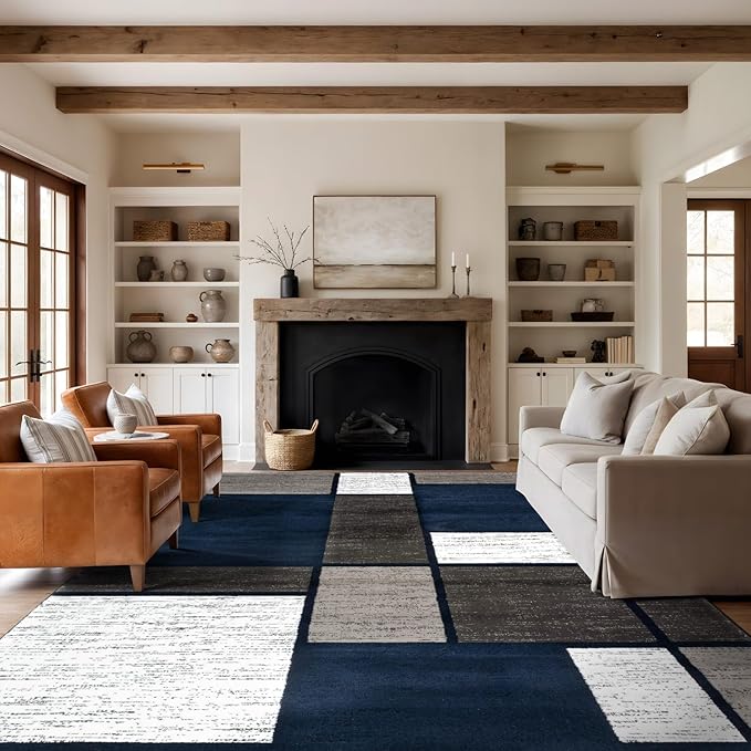 Rugshop Modern Geometric Boxes Navy Area Rug, Carpet with Jute Backing for Living Room, Large Bedroom, or Open Spaces, 9' x 12'