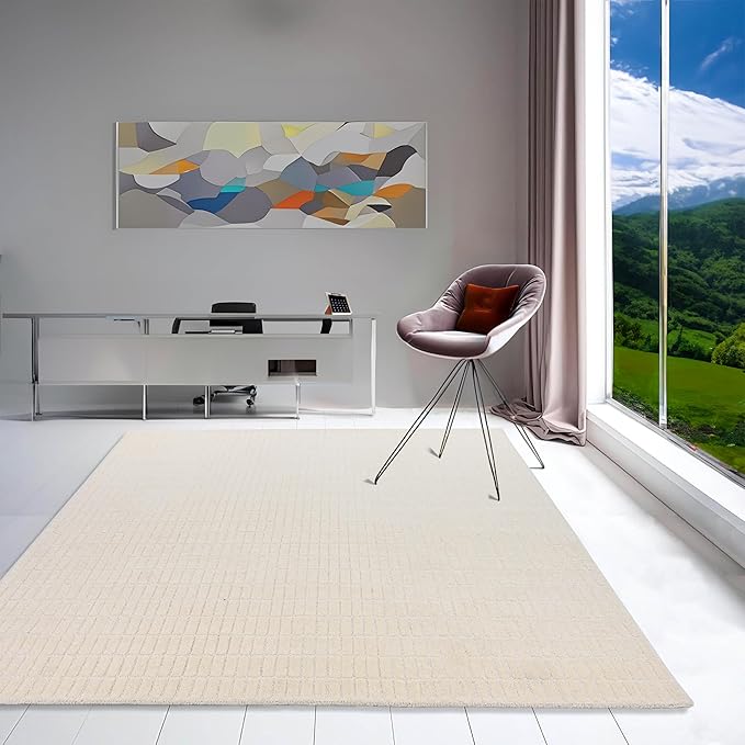 Hand-Tufted 100% Wool Area Rug – Unique Modern Geometric Grid Pattern, Soft Plush Textured Carpet for Living Room, Bedroom, Dining Room & Entryway (Beige, 6' x 9')
