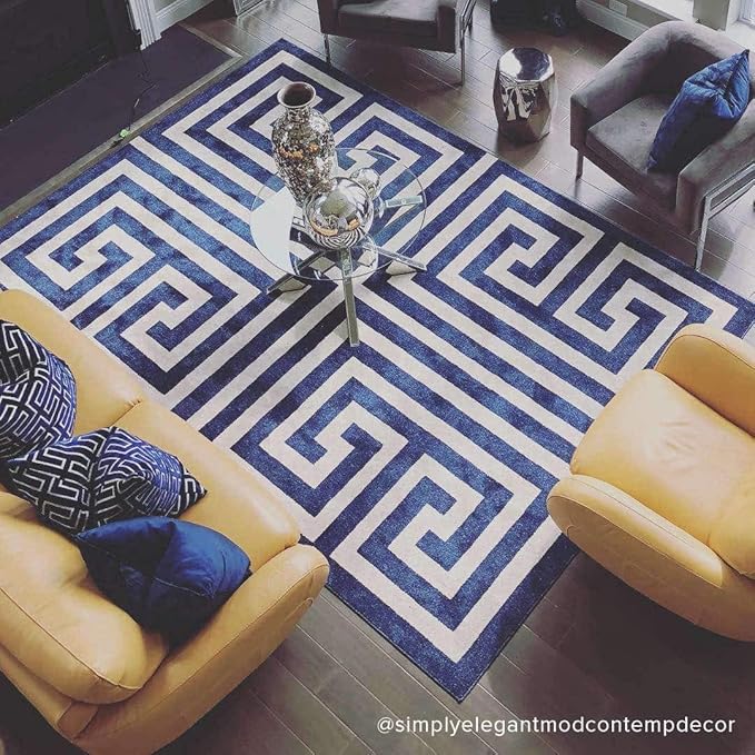Unique Loom Athens Collection Classic Geometric Modern Border Design Area Rug (6' 0 x 9' 0 Rectangular, Navy Blue/ Beige)