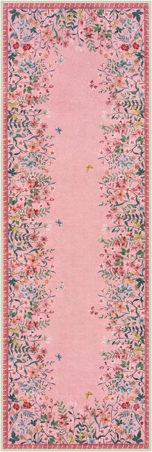 Lahome Boho Floral 2x6 Pink Bathroom Runner Rugs Non Slip Washable,Soft Runners for Hallways,Indoor Carpet Runner with Rubber Backing for Bedside Entryway Kitchen Laundry(Pink,2x6)