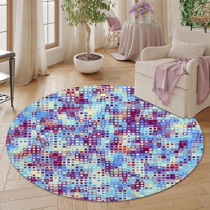 Abstract Pixel Geometry Round Rug Ombre Blue Purple Living Room Circle Area Rugs 7ft Washable Soft Non Slip Low Pile Indoor Floor Carpet for Bedroom Office Kitchen Coffee Table