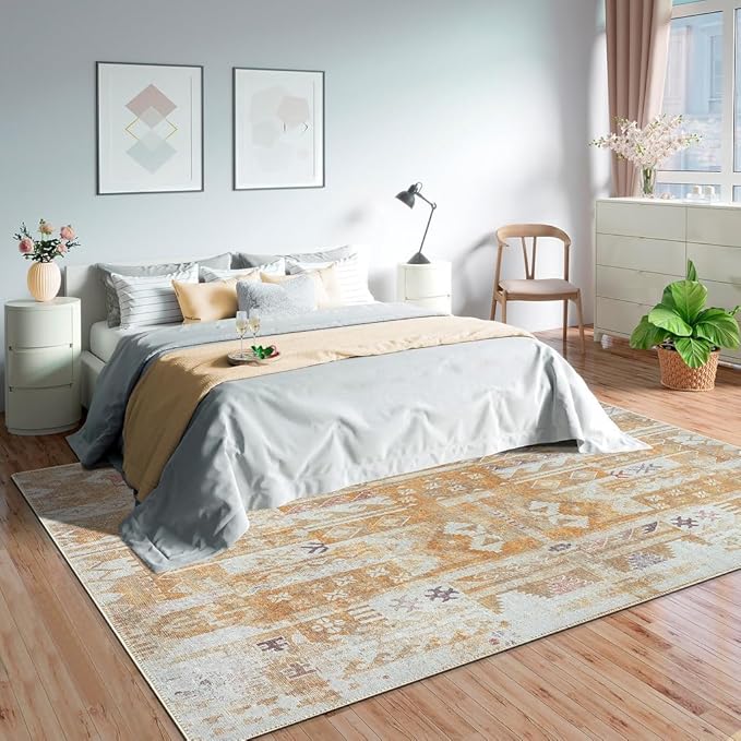 GLN Rugs Traditional Collection - Machine Washable Area Rug, Traditional Washable, Non Slip, Low Pile Chenille Rug, Living Room, Bedroom, Kitchen Rug (8' x 10' Sand/Light Gray)