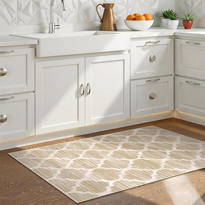 Lahome Moroccan Runner for Hallway - 2x4 Area Rug Washable Non-Slip Soft Bathroom Runner Ultra-Thin Small Kitchen Mat, Modern Print Distressed Floor Runners for Entryway Bedroom （(Taupe, 2'x4')