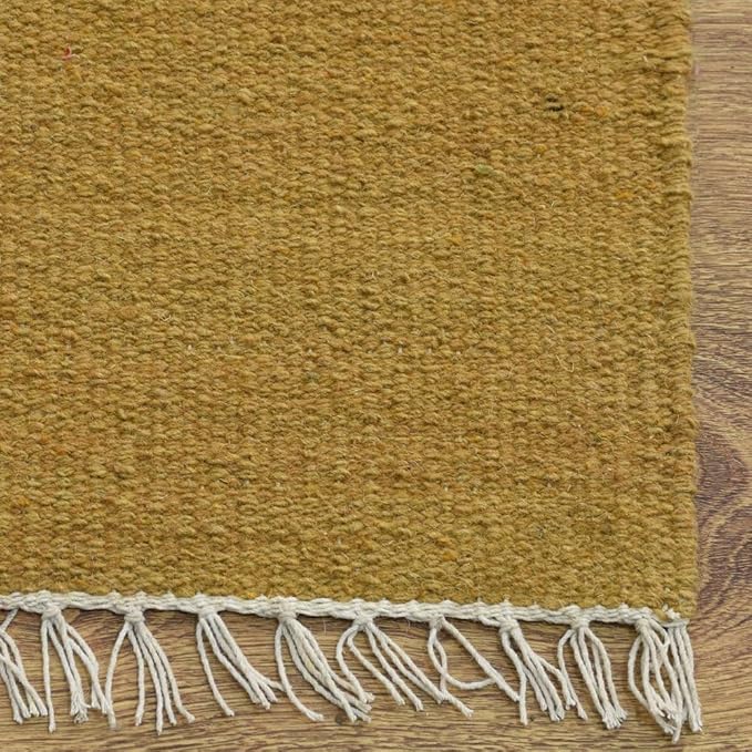 Rugsotic Carpets Hand Woven Flat Weave Kilim Wool ECO-Friendly Area Rugs - 2'6"x8', Runner Shape, Gold Color, Solid Plain Design, Low Pile Handmade Area Rugs for Living Room, Bed Room (D00111)