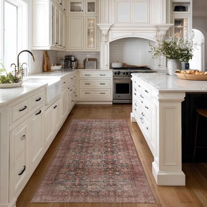 Kuden 2'6"x12 Runner Rug, Machine Washable Area Rug with Non-Slip Backing, Vintage Style, Soft, Easy Clean, Low Pile Rug for Hallway, Entryway, Kitchen, Bedroom