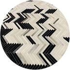 Round Cowhide Faux Leather Area Rug 9×9 ft – Black & White Modern Chevron Pattern Low Pile Carpet with Non-Slip Wool Backing, Soft Durable Living Room & Bedroom Accent Rug