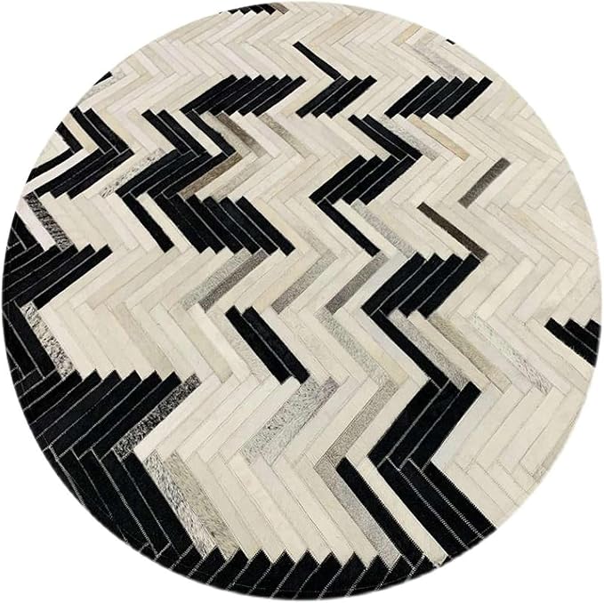 Round Cowhide Faux Leather Area Rug 3×3 ft – Black & White Modern Chevron Pattern Low Pile Carpet with Non-Slip Wool Backing, Soft Durable Living Room & Bedroom Accent Rug