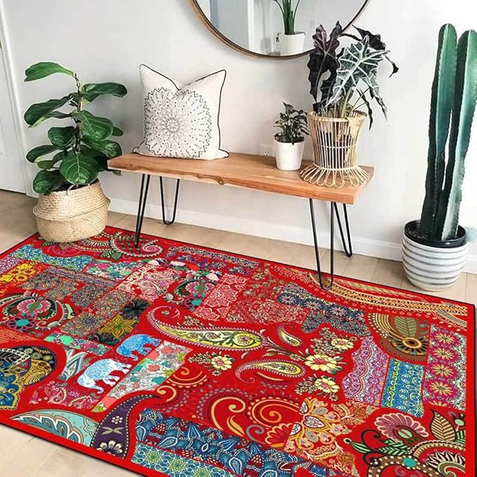 Vintage Boho Area Rugs Multicolor Ethnic Style Geometric Splicing Carpets Bedroom Living Room Kitchen Floor Mats Indoor Outdoor Non-Shedding Runner Rug Home Décor Carpet 2' X 6'