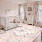 Wonnitar Boho Floral 8x10 Pink Area Rug, Washable Kids Rugs for Bedroom, Large Ultra-Thin Soft Non Slip Carpet for Nursery Living Room Playroom Classroom, Pastel Pink
