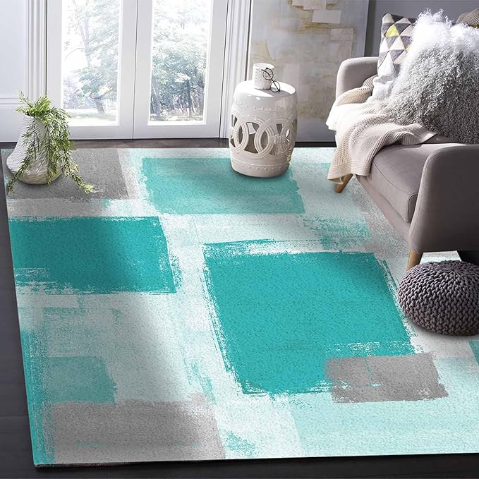 Teal Green Rectangular Area Rugs for Living Room Bedroom 3 x 5 ft Abstract Paint Texture Modern Art Non-Shedding Soft Low Pile Rug Non Slip Washable Rug for Nursery Entryway Playroom