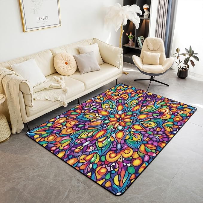 Vintage Mandala Large Area Rug 5x7 Bohemian Style Watercolor Flowers Living Room Rug | Boho Floral Rugs for Bedroom, Victorian Decor Antique Damask Carpet Indoor Floor Mat