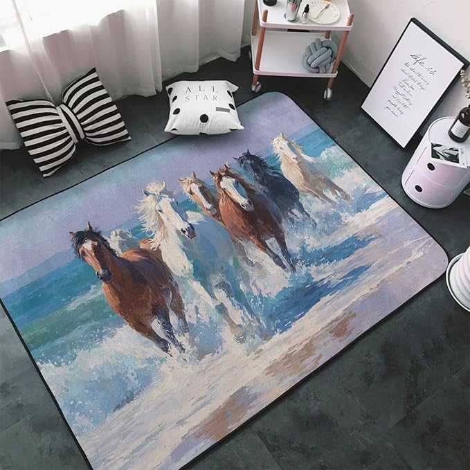 Horse Run Gallop in Waves Ocean Area Rug Washable Outdoor Rugs Anti-Slip Soft Carpet Entryway Indoor Door Mat for Bedroom,Living Room,Porch,Terrace and Entrance Decor 5'x 4'