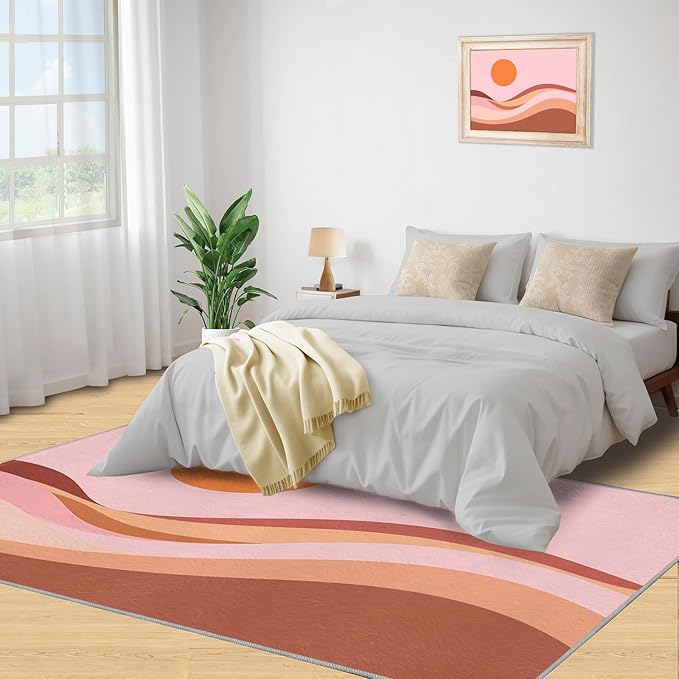 Boho Sun Area Rugs 8x10ft, Minimalist Sunburst Area Rug for Living Room, Abstraction Deco Modern Rug with Double Sided Carpet Tape for Bedroom Men Room Decor