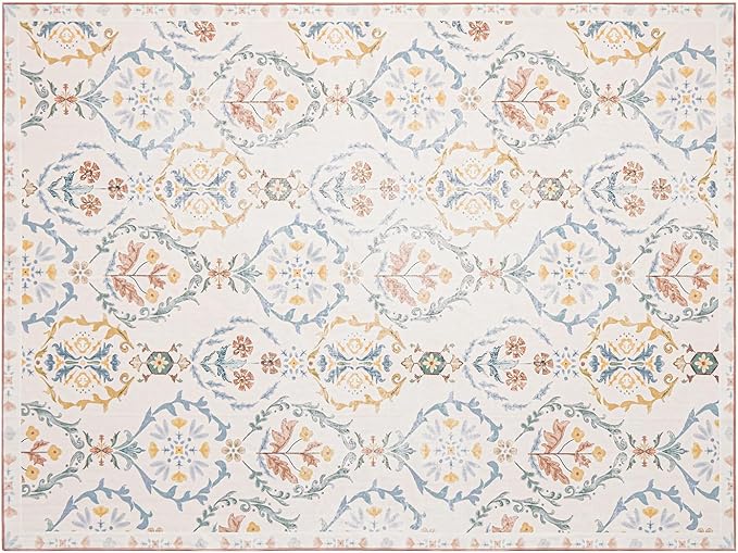 Phantoscope Washable Area Rug 9'x12' Non-Slip, Vintage Floral Boho Rugs for Living Room, Bedroom, DiningRoom, Soft Botanical Moroccan Pattern, Low-Pile Foldable Floor Carpet, Ivory Pink/Boho Garden