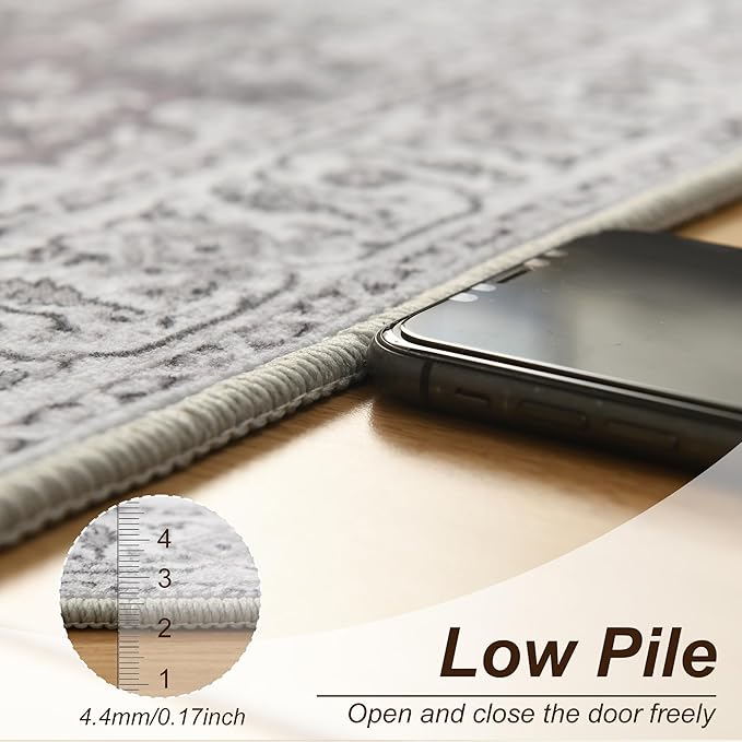 XWZO Washable Hallway Runner Rug 2x8ft — Non-Slip Low Pile Area Rug with Rubber Backing, Spill Resistant Soft Vintage Floor Carpet Runner for Kitchen Entryway Doorway Bedroom Corridor, Grey