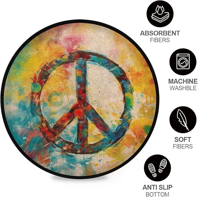 Boho-Style Peace Sign Round Rug Soft, Washable, Non-Slip for Home Decor. Ideal for Bedroom, Entryway, Living Room. Indoor/Outdoor Use.