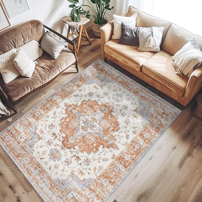 jinchan Area Rug 4x6 Vintage Washable Bedroom Rug Floral Medallion Lightweight Non Slip Thin Retro Classic Soft Boho Floor Cover Farmhouse Carpet for Living Room Dining Room Kitchen Brick Red