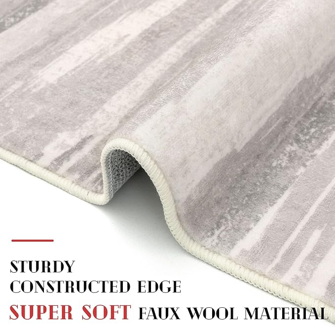 Modern Abstract Runner Rug 2x5, Neutral Light Beige and Grey Washable Entryway Kitchen Non-Slip Soft Hallway Runner Thin Print Faux Wool Carpet for Bedroom Laundry Room Indoor
