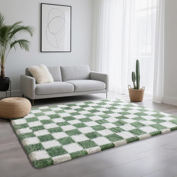 4x6 Area Rugs for Living Room Bedroom, Soft Fluffy Shaggy Bedside Rug, Indoor Floor Carpet for Kids Playroom, Dorms, Nursery Rooms, Home Decor (Green & White 4'x6')