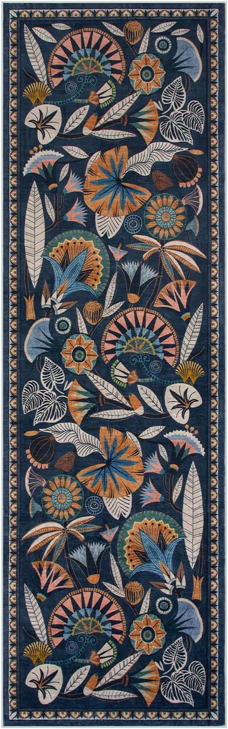 Egypt Floral Kitchen Runner Rugs Non Skid Washable,2x8 Boho Vintage Hallway Bathroom Runner Rug Non Slip,Soft Long Carpet for Laundry Room Entryway Bedroom (Dark Blue,2 x 8)