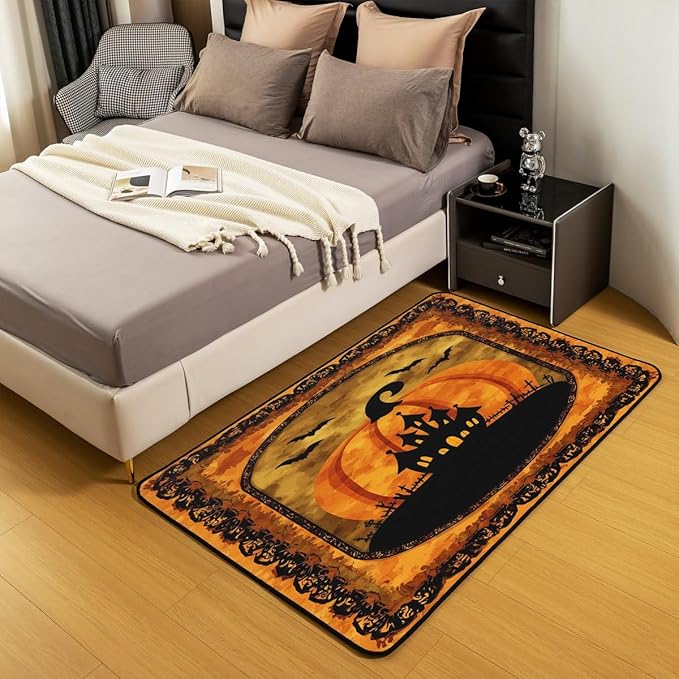 Halloween Pumpkin Large Area Rug 5x7 Spooky Haunted House Living Room Rug | Vintage Gothic Rugs for Bedroom, Castle Silhouette Carpet Indoor Floor Mat,Bats Halloween Decoration