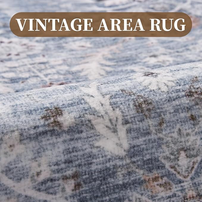 MontVoo-Vintage Area Rug 5X7 Blue Rugs for Living Room-Soft Distressed Printed Rugs for Bedroom-Non Slip Carpet-Machine Washable Rug for Dining Room Living Room Bedside Office