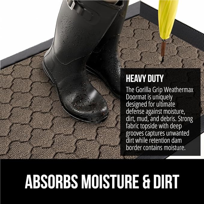 GORILLA GRIP 100% Waterproof All-Season WeatherMax Doormat US Designed Natural Rubber, Stain and Fade Resistant, Low Profile Indoor Outdoor Door Mats, Easy Clean Patio Mat, 17x29, Latte Quatrefoil