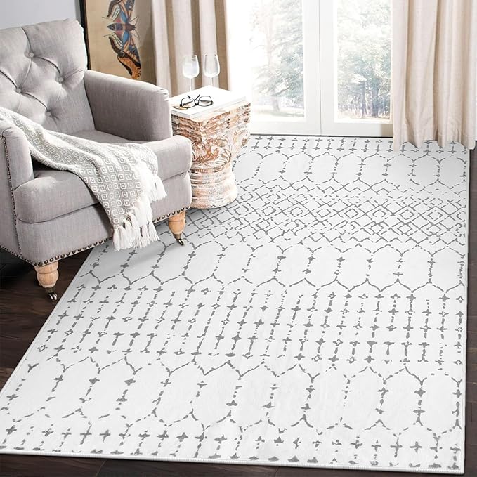 Lahome Moroccan Living Room Area Rug - Washable Rugs 5x7 Non-Slip Soft Throw Rugs for Bedroom White Lightweight Large Rug, Modern Geometric Print Low-Pile Capet for Classroom Office Dining Room(White)