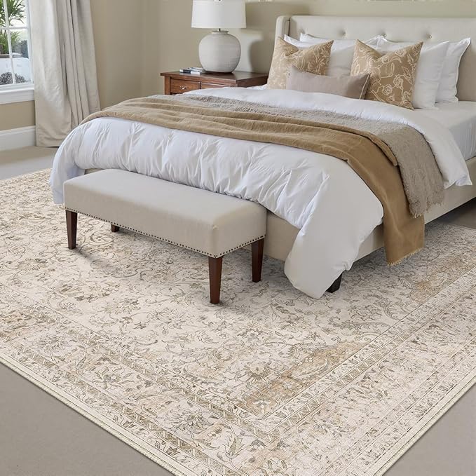 5x7 Washable Beige Area Rug Vintage Living Room Bedroom Carpet Non-Slip Soft Low Pile Distressed Indoor Throw Rug for Dining Room Entryway Office