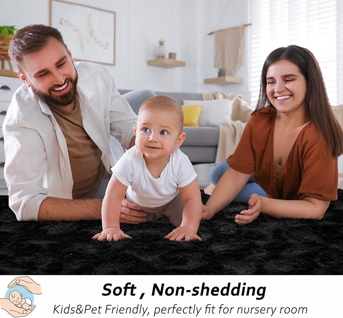 Beglad Fluffy Large Area Rugs 9x12 Feet, Modern Minimalist Style Shag Fuzzy Rugs, Non-Slip Indoor Carpet Soft Rugs for Kids Room, Bedroom & Living Room, Black