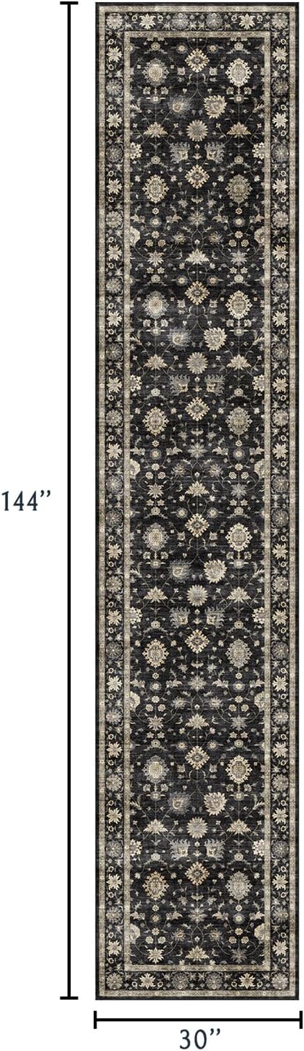 Washable Hallway Runner Rug 2.5x12ft - Long Non-Slip Charcoal Black Boho Runner Rug Low Pile Soft Vintage Farmhouse Moody Runners for Hallways Kitchen Living Room Indoor Entryway Bedroom