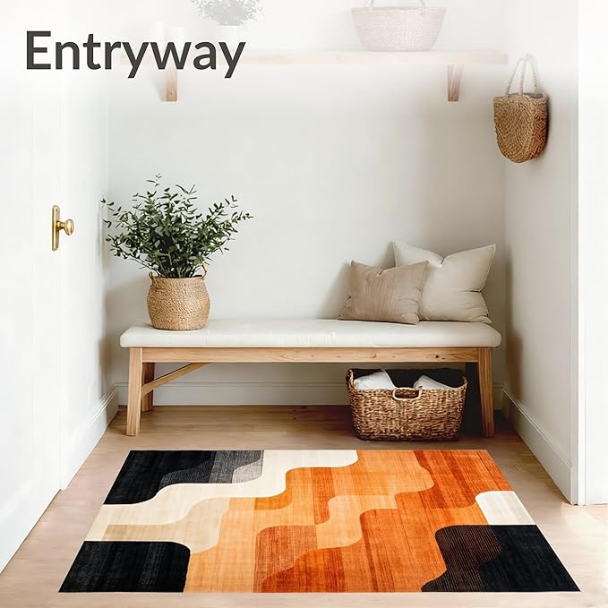 Flatwoven High Traffic Area Rug 5x7, Copper Black Burnt Orange Abstract Indoor Floor, Non Slip, Stain Resistant, Washable Area Rugs for Living Room, Bedroom (Beige, 5x7)