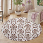 Oriental Tribal Floral Round Rug Vintage Brown Pattern Area Rug Washable Soft Non-Slip Floor Carpet Low Pile Accent Rugs for Entryway Living Room Dining Room Bedroom Home Office 5ft
